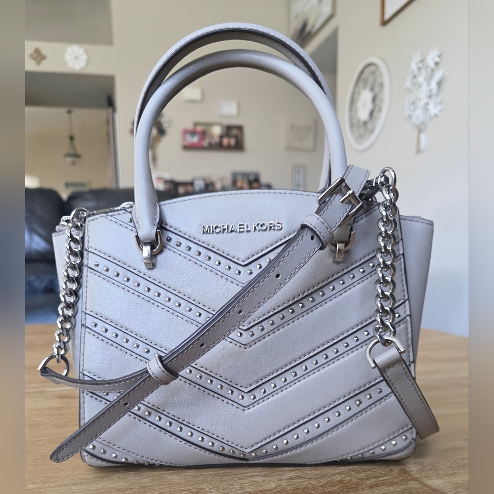 Michael Kors Gray Studded Satchel Crossbody Bag Silver Hardware